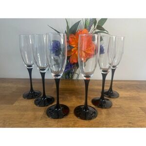 Vintage Luminarc France Black Stem Champagne Flutes French Glass Toasting Bar